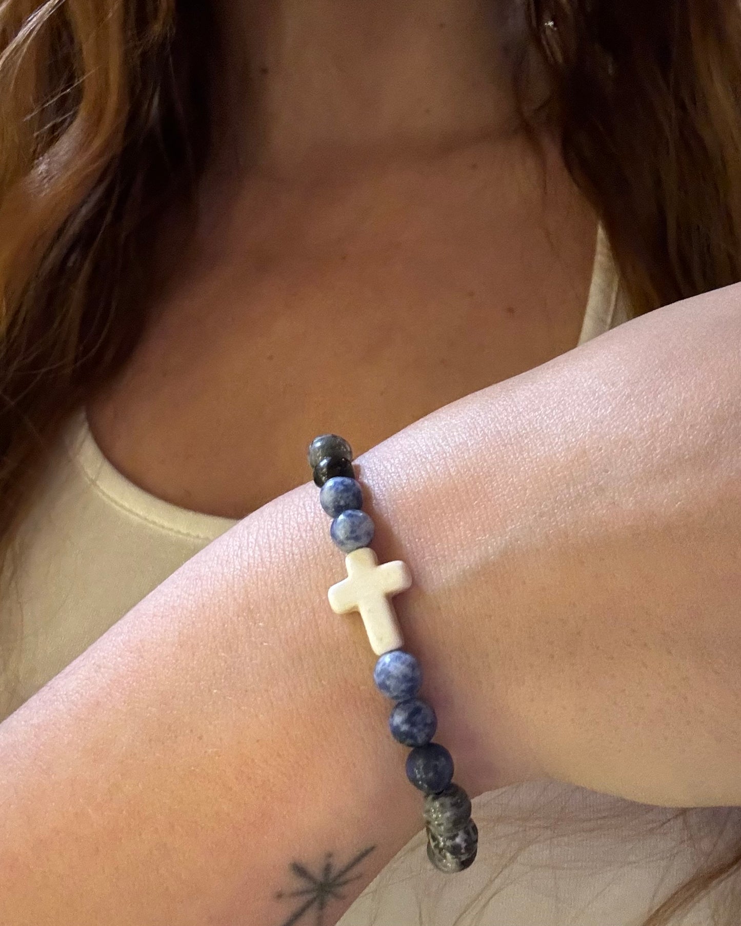 Blue cross mala bracelet