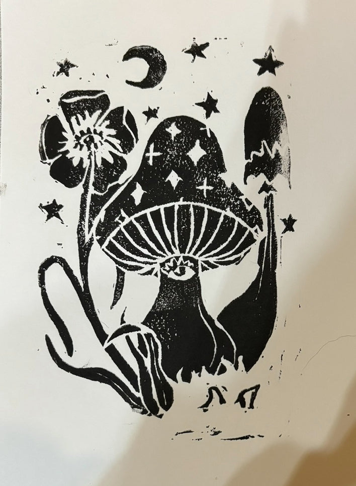 Mystic mushrooms linocut print